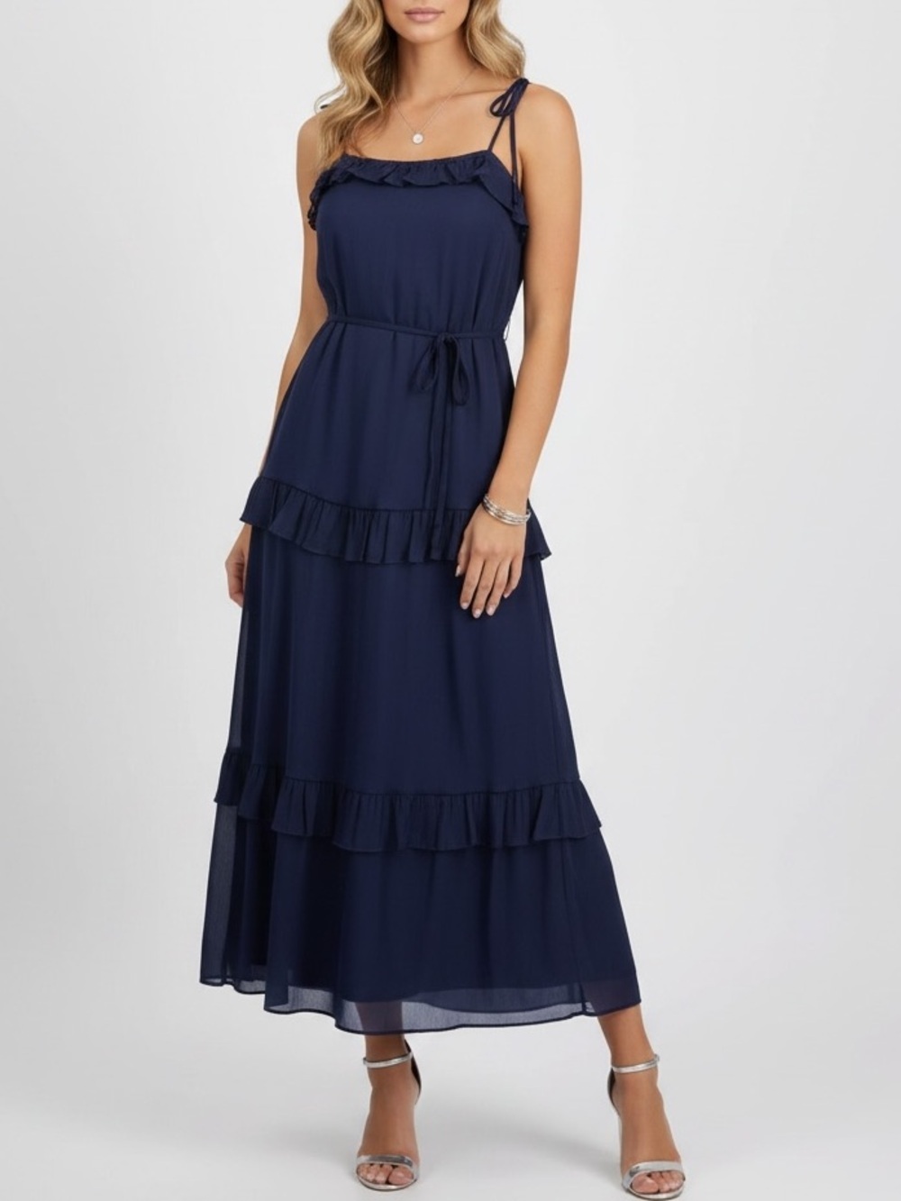 NWT JULIA JORDAN Blue Sleeveless Tiered Ruffle Lined Maxi Dress Size Medium